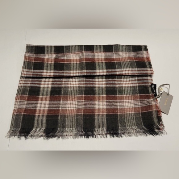 TOM FORD Rust Brown & White Plaid Cashmere Blend Fringed Scarf - Picture 2 of 6